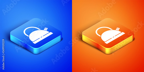 Isometric Kettle with handle icon isolated on blue and orange background. Teapot icon. Square button. Vector.