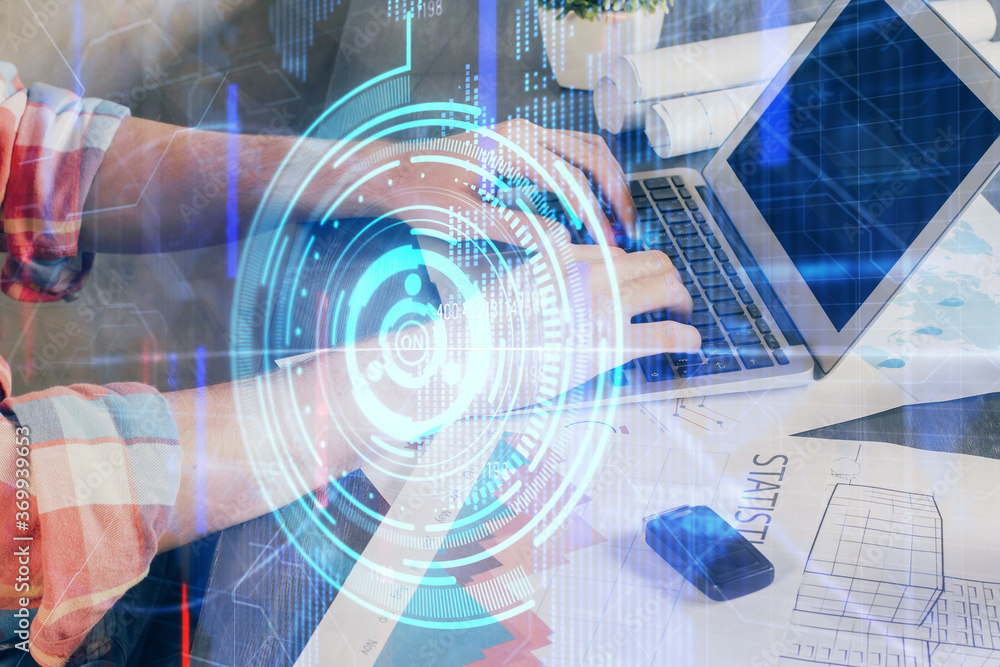 Multi exposure of technology hologram with man working on computer background. Concept of big data. Multi exposure of technology hologram with man working on computer background. Concept of big data.