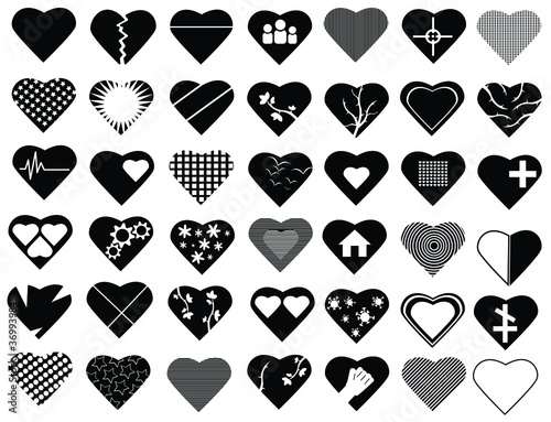 Black heart symbols. Vector illustration for design Romantic heart shape symbol. Set of graphic signs of love and death