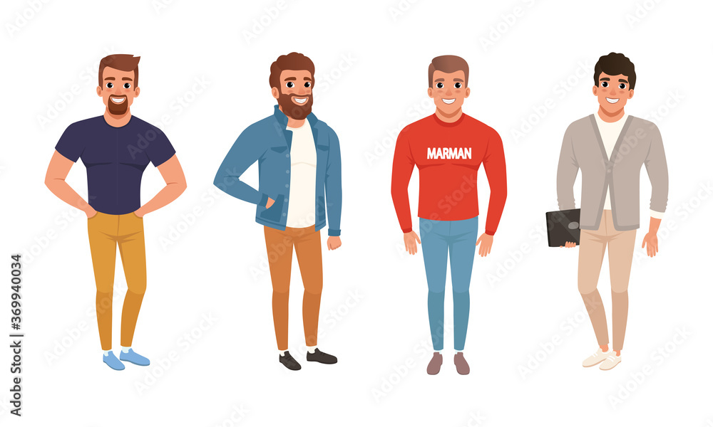 Obraz premium Young Men Dressed in Casual Fashionable Clothes Set, Bundle of Street Style Outfits, Guys Wearing Trendy Apparel Cartoon Style Vector Illustration