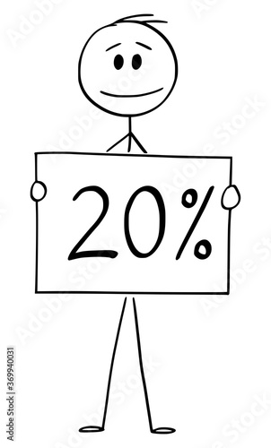 Vector cartoon stick figure drawing conceptual illustration of man or businessman holding 20 or twenty percent sign.