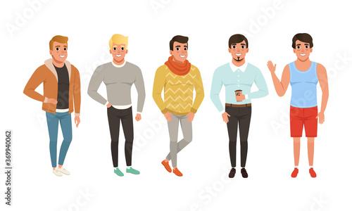 Collection of Men Dressed in Casual Clothes, Bundle of Street Style Outfits, Guys Wearing Trendy Apparel Cartoon Style Vector Illustration