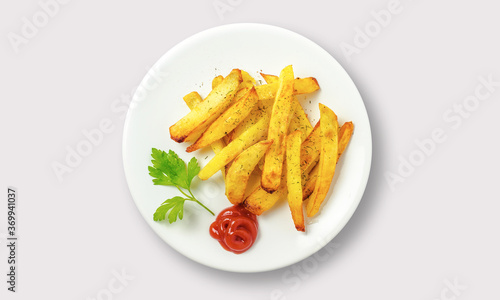 French fries chips with ketchup on a white background