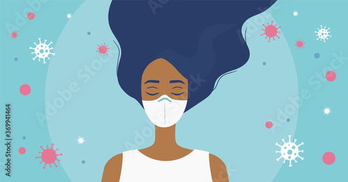 Woman staying calm and wearing medical mask for protection from virus or flu. Coronavirus disease prevention flat illustration. - Vector