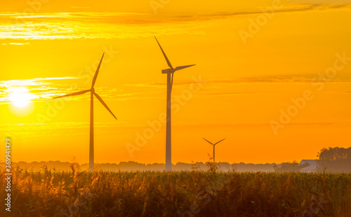 Wind turbines in a misty agricultural field in the countryside with a yellow sky at sunrise in summer, Almere, Flevoland, The Netherlands, August 6, 2020