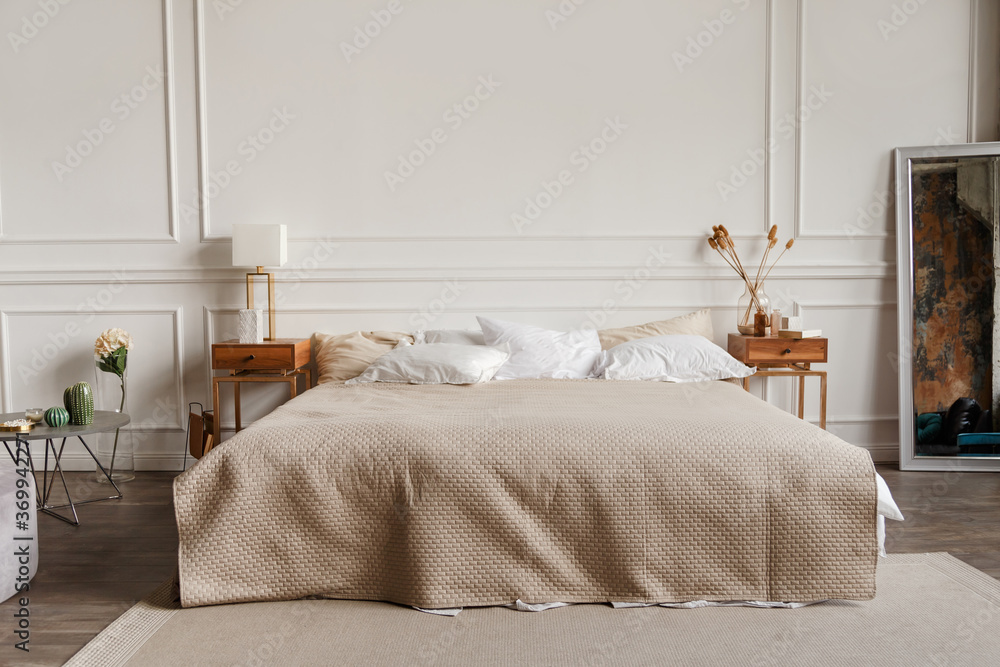 Luxury contemporary bedroom interior with gypsum stucco on white walls