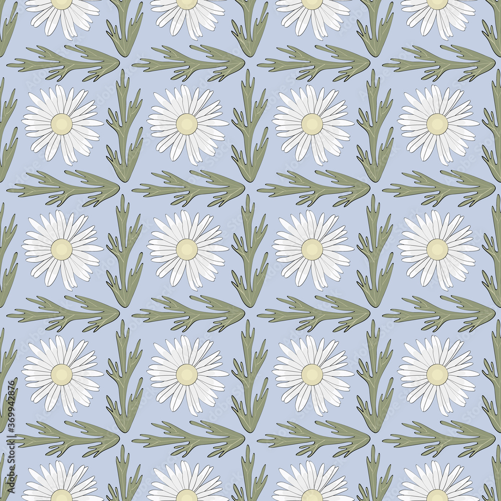 Vector Daisy Flowers in White Yellow Green on Blue Background Seamless Repeat Pattern. Background for textiles, cards, manufacturing, wallpapers, print, gift wrap and scrapbooking. Vector Daisy Flowers in White Yellow Green on Blue Background Seamless Repeat Pattern. Background for textiles, cards, manufacturing, wallpapers, print, gift wrap and scrapbooking.