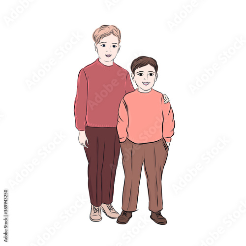 Couple of hugging boys. Brothers stand together. Hand drawn clip art. 