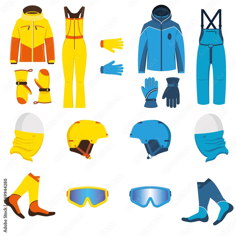 Ski wear vector illustration. Waterproof, breathable men and women clothing for winter sports and recreation. Jacket, salopettes, gloves, snowboard helmet, neck warmer buff, socks, goggles sunglasses. Ski wear vector illustration. Waterproof, breathable men and women clothing for winter sports and recreation. Jacket, salopettes, gloves, snowboard helmet, neck warmer buff, socks, goggles sunglasses.