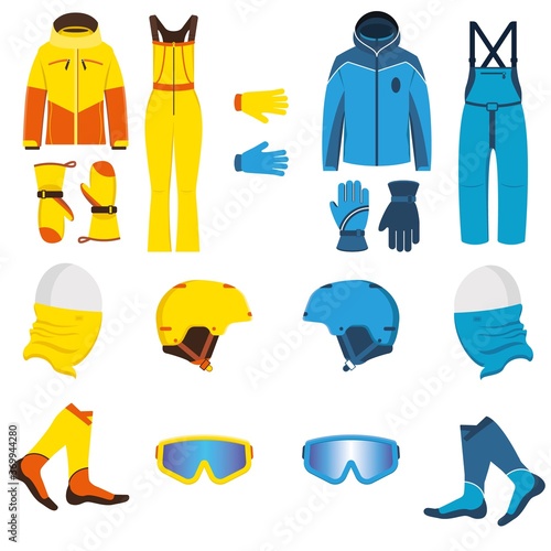 Ski wear vector illustration. Waterproof, breathable men and women clothing for winter sports and recreation. Jacket, salopettes, gloves, snowboard helmet, neck warmer buff, socks, goggles sunglasses.