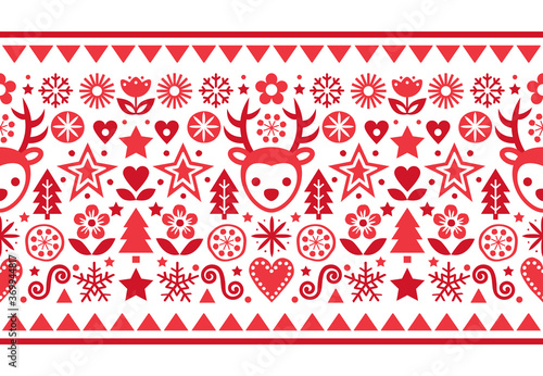 Christmas Scandinavian folk art vector red seamless pattern, cute festive design with reindeer, snowflakes, hearts, stars, Christmas trees and flowers
