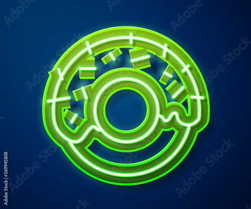 Glowing neon line Donut with sweet glaze icon isolated on blue background. Vector.