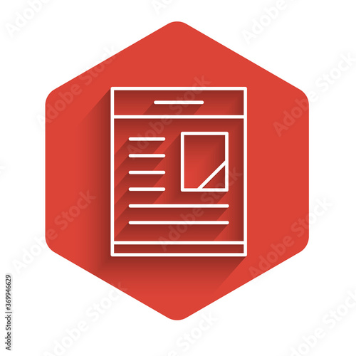 White line Newspaper advertisement displaying obituaries icon isolated with long shadow. Red hexagon button. Vector.