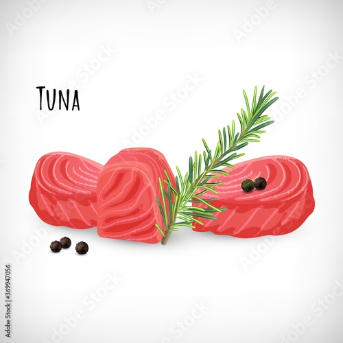 Tuna meat cubes, rosemary twig, black peppercorns. Lettering Tuna. Hand drawn elements for culinary designs. Vector illustration on white background.