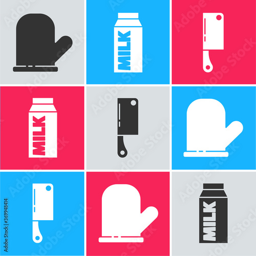Set Oven glove, Paper package for milk and Meat chopper icon. Vector.