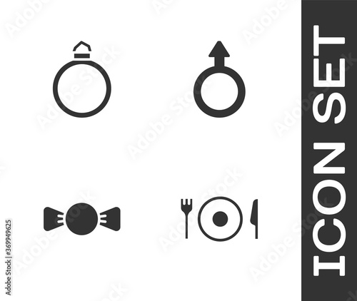 Set Plate, fork and knife, Diamond engagement ring, Bow tie and Male gender symbol icon. Vector.