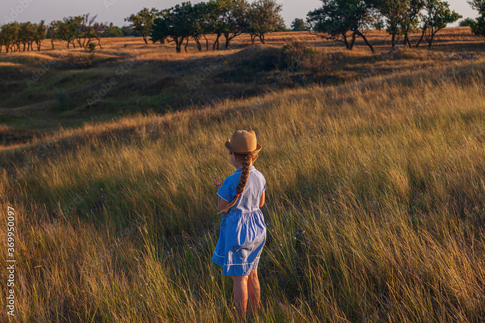 Adorable little girl in a straw hat and blue plaid summer dress in grass field with wild flowers in hands. Happy child with long blonde braided hair countryside landscape. Funny walking kid outdoor