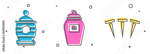Set Funeral urn, Funeral urn and Metallic nails icon. Vector.