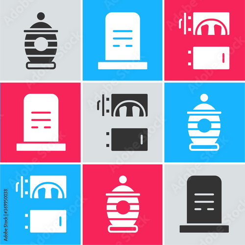 Set Funeral urn, Grave with tombstone and Crematorium icon. Vector.