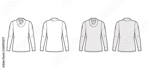 Cowl turtleneck jersey sweater technical fashion illustration with long sleeves, oversized, tunic length. Flat outwear apparel template front back white grey color. Women men unisex shirt top mockup