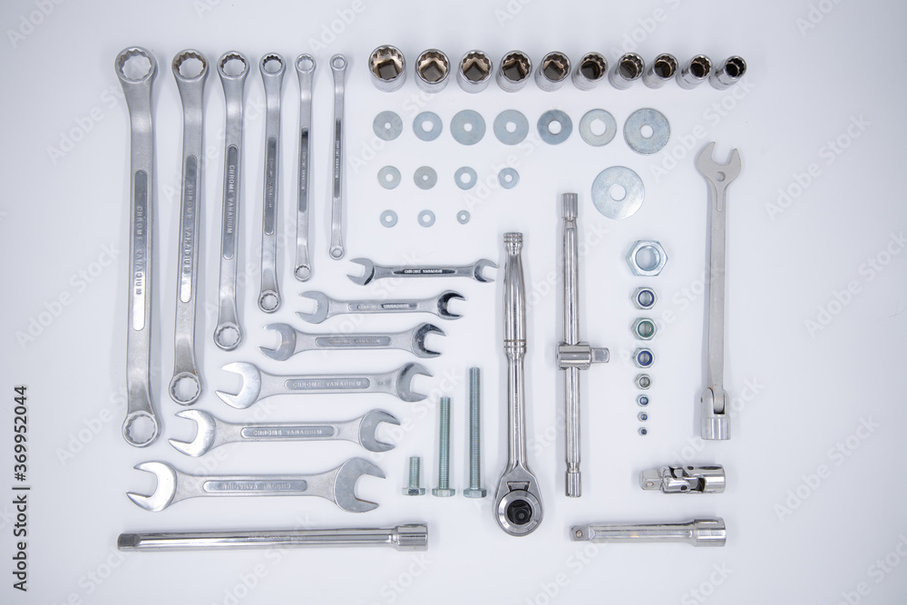 Tool knolling - spanners, sockets, washers, nuts and wrench Tool knolling - spanners, sockets, washers, nuts and wrench