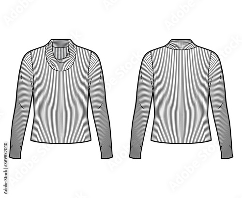 Ribbed cowl turtleneck knit sweater technical fashion illustration with long sleeves, oversized body. Flat sweater apparel template front back white color. Women men unisex shirt top CAD mockup
