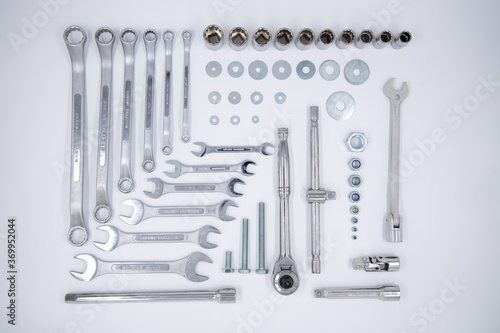 Tool knolling - spanners, sockets, washers, nuts and wrench