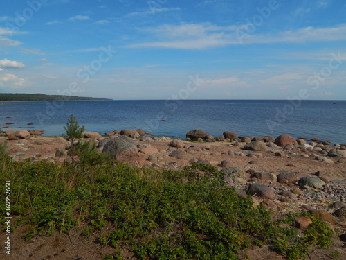 Nice view: sandy seashore, stones, horizon and blue sky