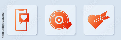 Set Romantic music, Smartphone with heart speech bubble and Amour with heart and arrow. White square button. Vector.