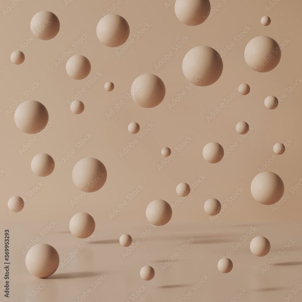 3d render of a light brown abstract background, mock up scene minimal geometrywith falling balls