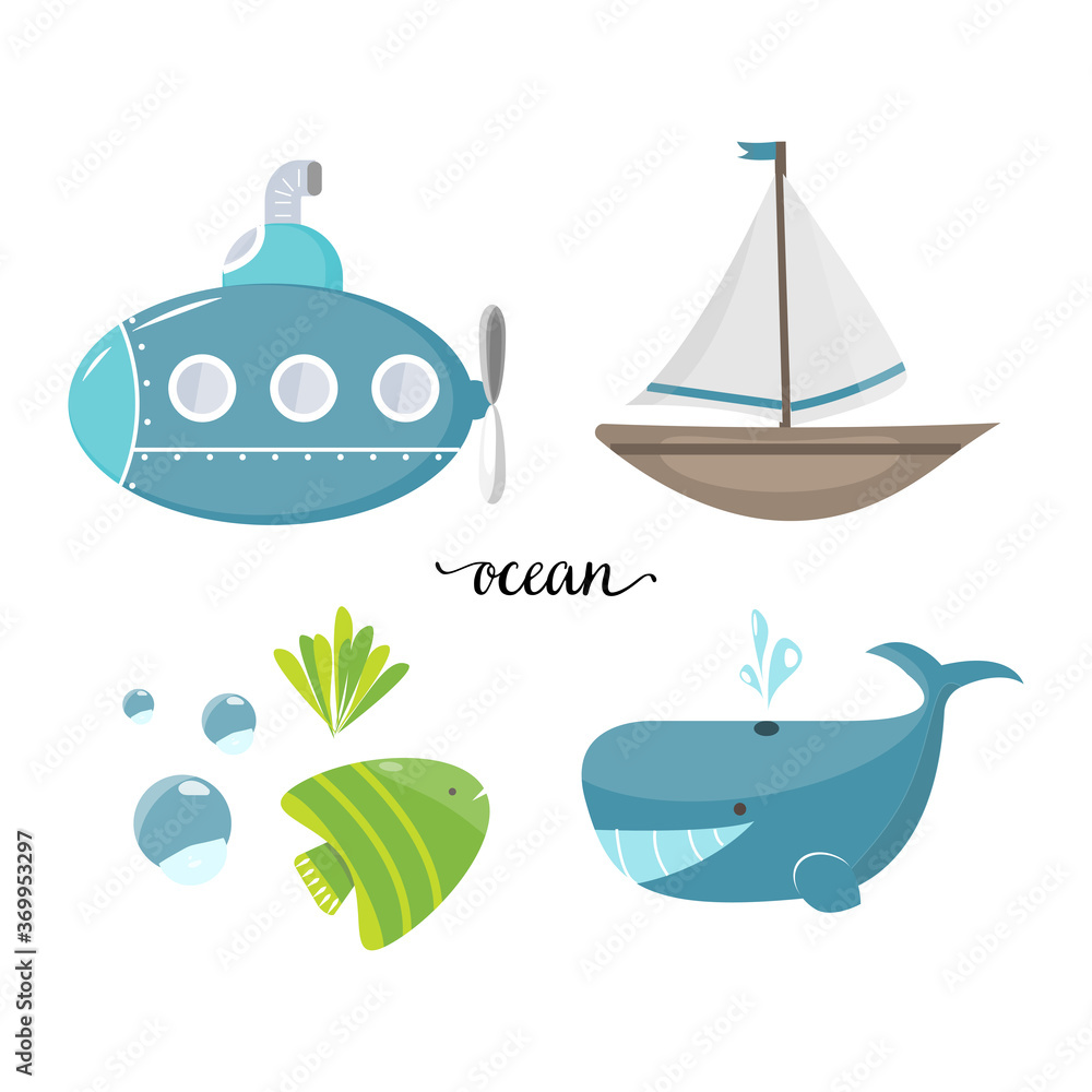 set of elements for design on a white background. children's drawings on the marine theme.