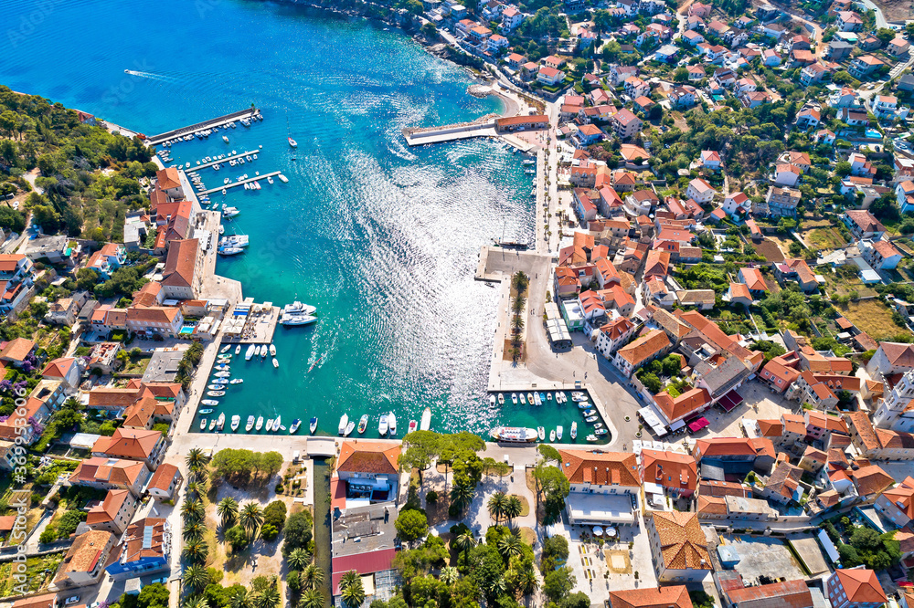 Town of Jelsa bay and waterfront aerial view, Hvar island