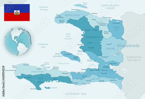 Blue-green detailed map of Haiti administrative divisions with country flag and location on the globe. Vector illustration