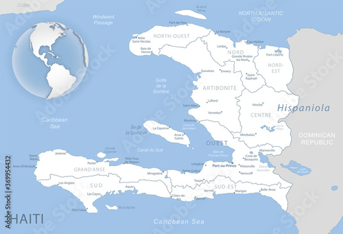 Slika na platnu Blue-gray detailed map of Haiti administrative divisions and location on the globe