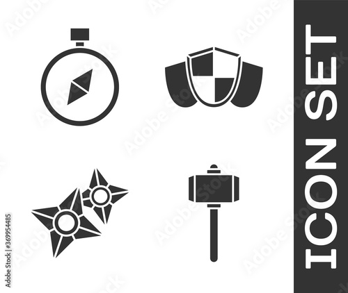 Set Battle hammer, Compass, Japanese ninja shuriken and Shield icon. Vector.