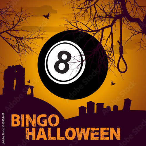 Number eight ball on bingo halloween background