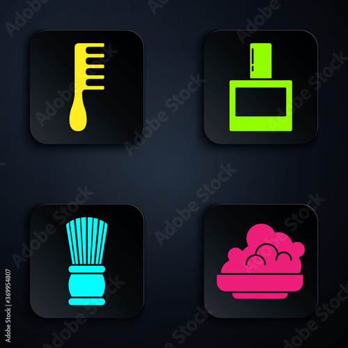 Set Shaving gel foam, Hairbrush, Shaving brush and Aftershave. Black square button. Vector.