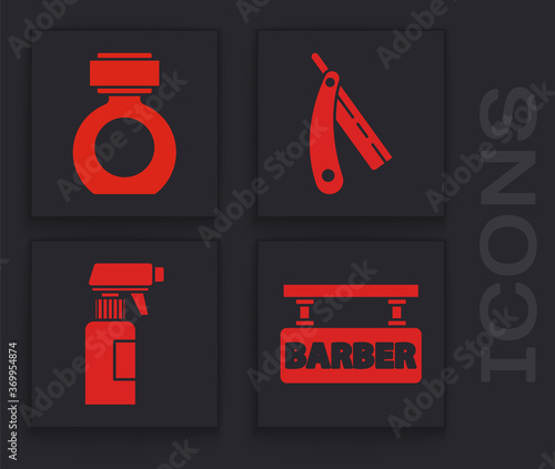 Set Barbershop, Aftershave, Straight razor and Hairdresser pistol spray bottle icon. Vector.
