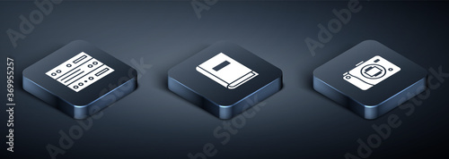 Set Isometric Server, Data, Web Hosting, Mirrorless camera and User manual icon. Vector.