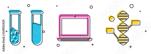 Set Test tube and flask, Laptop and DNA symbol icon. Vector.