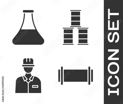 Set Industry pipe, Oil petrol test tube, Oilman and Barrel oil icon. Vector.