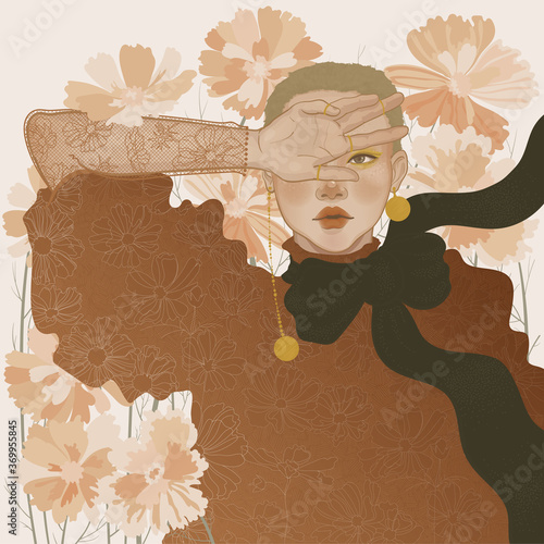 beautiful girl with a bright unusual non-standard appearance, short haircut, in a fashionable dress, among the flowers of cosmos