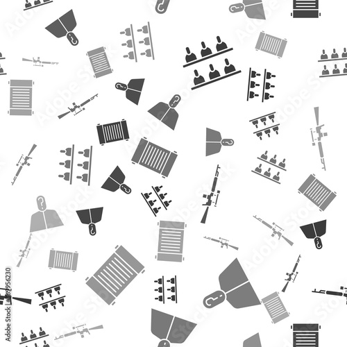 Set Jurors, Anonymous with question mark, Sniper rifle with scope and Decree, paper, parchment, scroll on seamless pattern. Vector.