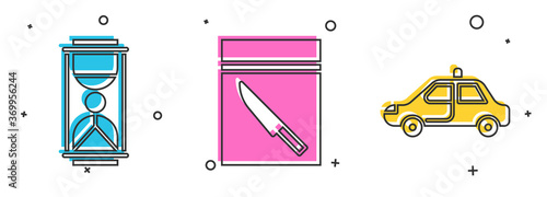 Set Old hourglass with sand, Evidence bag and knife and Police car and flasher icon. Vector.