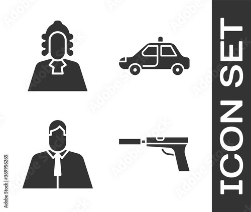 Set Pistol or gun with silencer, Judge, Lawyer, attorney, jurist and Police car and flasher icon. Vector.