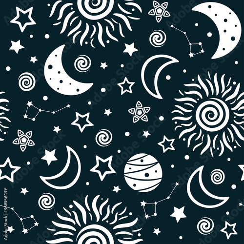 Seamless pattern with sun, stars, planet and moon от dark background. Vector illustration. Print for textile, yoga mat, phone case, wrapping paper