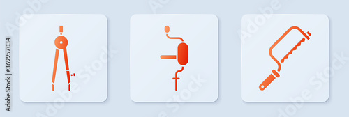 Set Hand drill, Drawing compass and Hacksaw. White square button. Vector.
