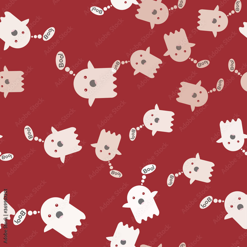 Seamless vector pattern of adorable cartoon ghosts on colorful background. Simple Halloween cute and scary ghostly monsters. Repeating design for print on textile, wrapping paper, gifts or web project