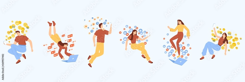A set of young guys and girls with phones and laptops from whose screens are flying likes, comments, emoji. These people communicate with their audience.
A set of young guys and girls with phones and laptops from whose screens are flying likes, comments, emoji. These people communicate with their audience.