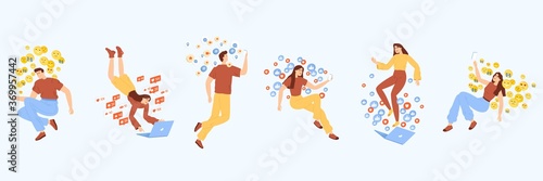 A set of young guys and girls with phones and laptops from whose screens are flying likes, comments, emoji. These people communicate with their audience.
